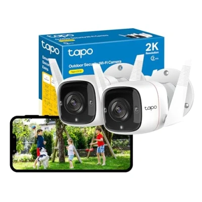 Imagen de Tapo C310P2 Juego de 2 cámaras seguridad al aire libre, detección movimiento, IP66, sirena integrada, audio bidireccional, 3 MP, visión nocturna, almacenamiento tarjetas SD y nube,