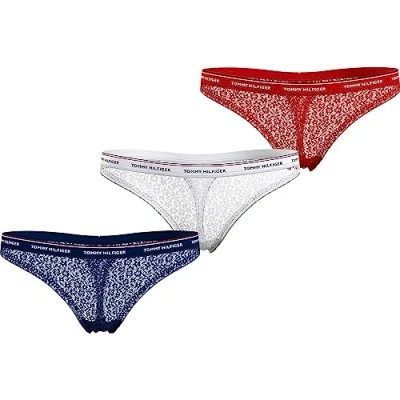 Imagen de Tommy Hilfiger 3 Pack Thong Lace (Ext Sizes) UW0UW04896 Tangas, Multicolor (Desert Sky/White/Primary Red), S para Mujer