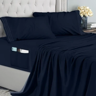 Imagen de Utopia Bedding Juego De Sabanas Bordadas 4 Piezas 180x200 Microfibra Poliéster, Sábana Bajera con Bolsillos Almacenamiento, Plana Y 2 Fundas Almohada (Cama 180, Azul Marino)