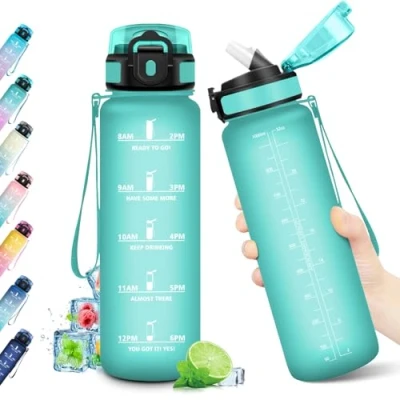 Imagen de Cantimplora 1L, Botella con Pajita, de Agua Marcador Tiempo, Deportiva Antiderrame Reutilizable, sin BPA para Adulto, Running, Cámping, Oficina, Bicicleta, Fitness