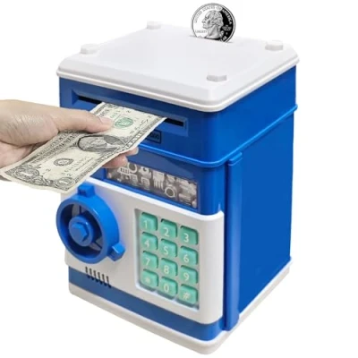 Imagen de HUSAN Hucha electrónica para niños con código electrónico de cerditos, Mini cajero Monedas ATM, Caja Monedas, Juguete Divertido Regalo (Azul Oscuro)