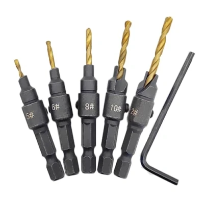 Imagen de 5 Piezas Juego de Brocas Avellanadas, HSS Ajustable Madera, Cambio Rápido Vástago Hexagonal 1/4 Pulgadas, Herramienta Chaflán Madera con Llave