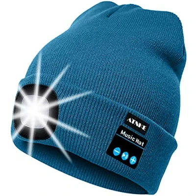 Imagen de ATNKE LED Luminoso Bluetooth Gorro Sombrero, USB Recargable 4 Inalámbrico Musical Gorras Correr Super Brillante Impermeable Luz Invierno Cálido Regalos para Hombre y Mujer/Peacock Blue