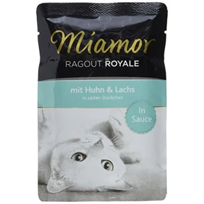 Imagen de Miamor Ragout Royale en Salsa Comida húmeda para Gatos Adultos. Alimento Completo Bolsa Fresca sin Soja, colorantes ni conservantes 22 x 100 g de Pollo y salmón