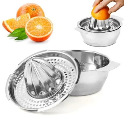 Imagen de Exprimidor manual de acero inoxidable, limón, diámetro 13,8 cm, apto para lavavajillas, calidad profesional. naranjas limones, pomelos y naranjas.