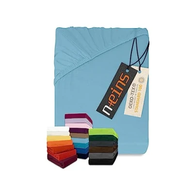 Imagen de npluseins Sábana bajera clásica de punto jersey, disponible en 34 colores modernos y 6 tamaños diferentes, 100% algodón, 180 200 x cm, color azul claro