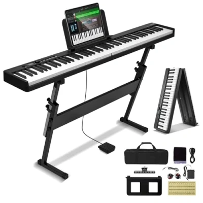 Imagen de VEVOR Teclado de Piano Plegable 88 Teclas Bluetooth y MIDI Electrónico Digital Portátil Soporte Pedal Sostenido Iluminadas Recargable para Principiantes, Adolescentes, Adultos, Negro