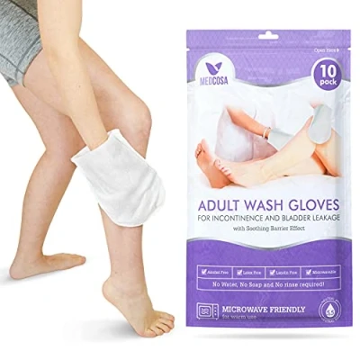 Imagen de Medcosa Manoplas Húmedas para adultos con incontinencia Toallitas desechables en forma de guante limpiar el cuerpo. e inodoras, crema barrera y dimeticona, 5 paquetes 10