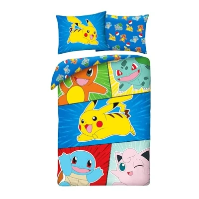 Imagen de Halantex Juego de cama Pokemon Pikachu y amigos, 2 piezas 140 x 200 cm 1 funda almohada 70 90 cm, 100% algodón, Öko Tex, individual