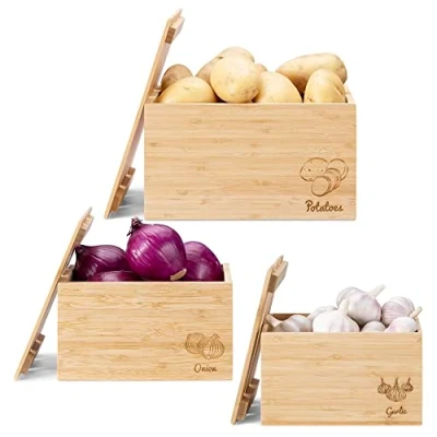 Imagen de Navaris Recipiente para almacenaje de ajo cebolla y patata 3x Caja guardar patatas cebollas ajos Contenedores apilables bambú con tapa