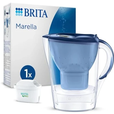Imagen de BRITA jarra con Filtro de Agua Marella Azul (2,4 l) Incl. 1x Cartucho MAXTRA PRO All in 1 adaptable al frigorífico LTI digital y tapa abatible que reduce cloro, cal e impurezas.