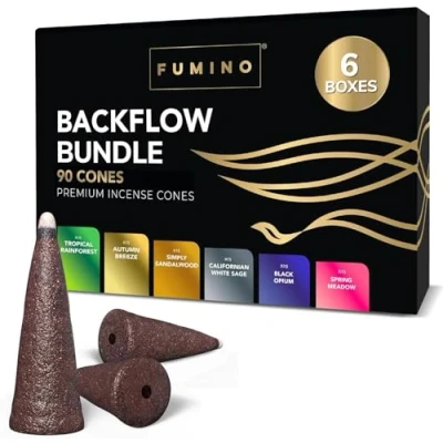 Imagen de Fumino Lote de 6 Cajas Conos Incienso Reflujo Cascada Backflow Esenciales 90 Masala Agarbatti Joss Cono para Relajación, Meditación Decoración Hogar