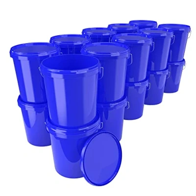 Imagen de 20 cubos con tapa, 16 litros, color azul, aptos para alimentos, herméticos y estables, vacíos asa tapa productos químicos paredes, detergentes