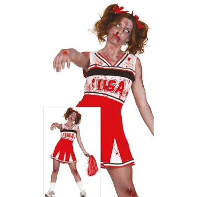 Imagen de FIESTAS GUIRCA Go USA Disfraz de Animadora Zombi para Mujer Uniforme Secundaria Rojo y Blanco Sangriento Disfraces Halloween Talla M 38 40