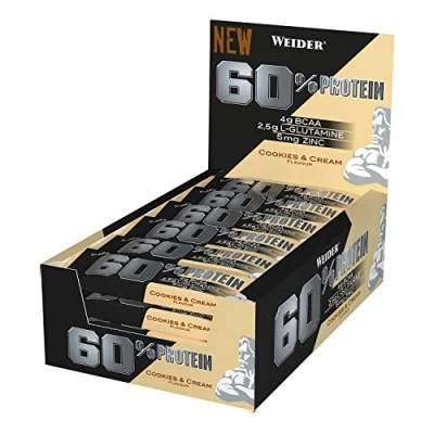 Imagen de Weider 60% Protein Bar Cookies &amp; Cream 24 x 45 gr. La barrita Con más proteína del mercado. 4 g de BCAAs por barrita.