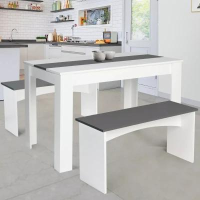 Imagen de IDMarket ROZY Juego de mesa comedor y 2 bancos para 4 personas, color blanco gris, 110 cm