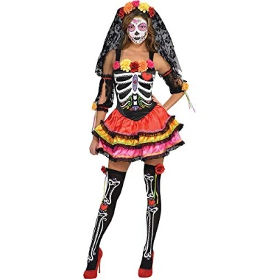 Imagen de amscan Day of The Dead Costume Size 8 10 1 Pc Halloween Disfraz de señorita Sexy para el día los Muertos, Talla Unidad, Multicolor, Mujeres: (844569)