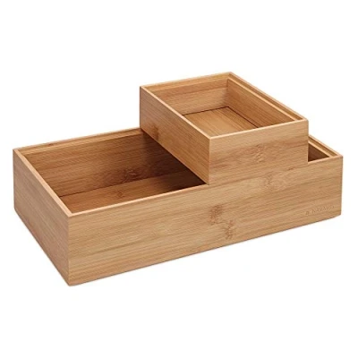 Imagen de Navaris 2x Caja de almacenamiento bambú Cajones apilables para almacenaje Set organizador apilable sin tapa cajas multiusos En 2 tamaños