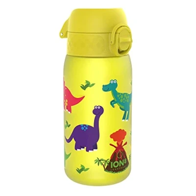 Imagen de Ion8 Botella de Agua para Niños, 350ml, a Prueba Fugas, Fácil Abrir, Cerradura Segura, Apta Lavavajillas, Sin BPA, Asa Transporte, Limpiar, Neutro en Carbono, Diseño Dinosaurios