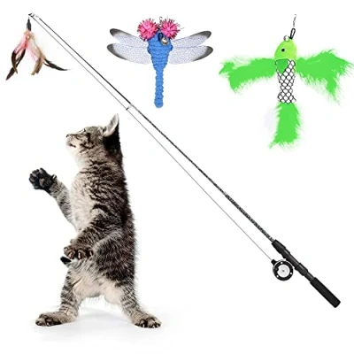 Imagen de Pawaboo Palo de Gato Divertido, Juguete Interactivo con Plumas para Gatos, Combiado Pez y Libélula, Contiene una Caña Pescar Retráctil Tipo Multicolor 3