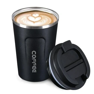 Imagen de Termo Café de Acero Inoxidable Pequeño Vaso para Llevar Taza Ideales su Uso Fuera Casa Ecológicas Negras con una Capacidad 380 ml