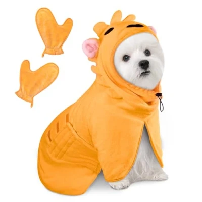 Imagen de Bibykivn Albornoz para Perros con Velcro, Perro de Microfibra Absorbente Dinosaurio, Secar Después del Baño y la Natación (León Naranja, S)
