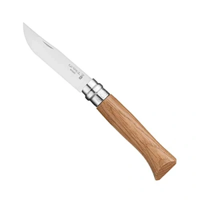 Imagen de Opinel Caja N08 Navaja Plegable Hoja de Acero Inoxidable Mango Madera Roble Corte Perfecto, Fácil Mantenimiento Anillo Seguridad Virobloc Fabricación Francesa