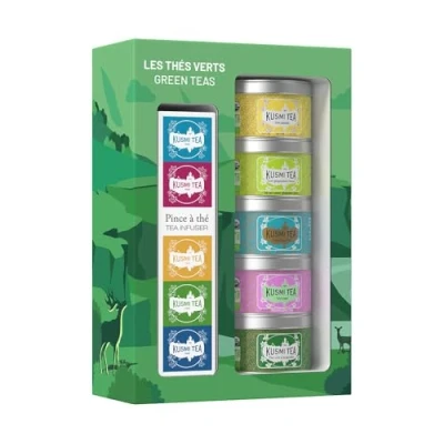 Imagen de Kusmi Tea Surtido de Té Verde para Regalo y Colador Juego Cesta 100% Orgánico Pack Mujer o Hombre Hojas Sueltas 5 Variedades en Latas 25 g