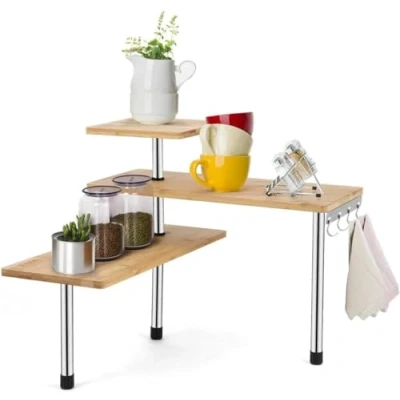 Imagen de Avilia Estante esquinero de Cocina bambú con 3 estantes y Estructura Acero Mueble para Especias multifunción Ganchos, Ideal Especias, condimentos Utensilios