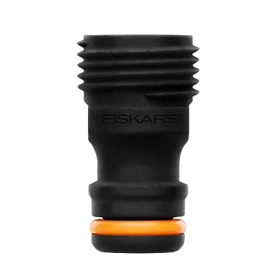 Imagen de Fiskars Conector de grifo, Para grifos agua, Rosca exterior Ø 21 mm (G 1/2&quot;), Tamaño universal, 10 g, Negro/Naranja, 1027060