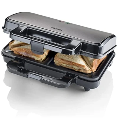 Imagen de Bestron XL Sandwichera, Sandwichera tostadora con recubrimiento antiadherente para 2 sandwiches, incl. control automático de temperatura e indicador listo, 900 vatios, color: gris titanio