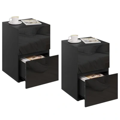 Imagen de EUGAD 2X Mesita de Noche con 2 Cajones Brillantes, Mesilla Gran Espacio Almacenamiento, 40x40x58 cm, Muebles Dormitorio Madera, Estilo Moderno, Negro, 0013CTG