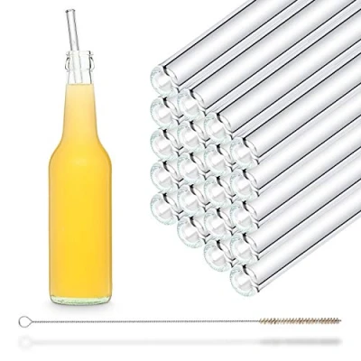 Imagen de Pajitas de cristal, 20 unidades, rectas, 27 cm largo, originales para botellas + cepillo limpieza sin plástico, aptas lavavajillas, sostenibles, agua