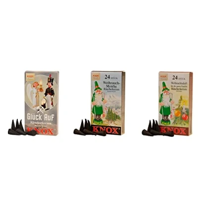 Imagen de KNOX Juego de 3 conos incienso, mezcla aroma Berg Glück, felicidad, mirra incienso y navideño, 24 unidades por paquete, fabricado en Alemania