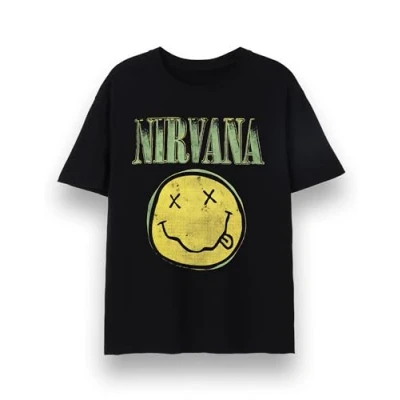 Imagen de Nirvana Camiseta para Hombre gráfica de Manga Corta Adultos en Negro clásica con Estampado Logotipo Banda Verde desgastada y Cara Sonriente Regalo mercancía
