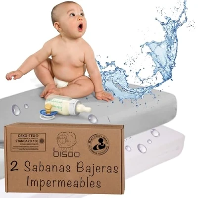 Imagen de Bisoo Sabanas Cuna 60x120 Algodon Impermeables Protector Colchon 60 x 120 con Capa de Jersey Certificado Oeko Tex Bajeras Bebe Set 2 Blanco y Gris 120x60 cm