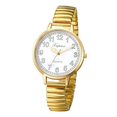 Imagen de JewelryWe Reloj Correa Elástica Mujer: de Cuarzo Analógico Redondo Oro para Señora Esfera Escala Números Grandes Luminoso Acero Inoxidable Extensible Ocio Negocios Regalo