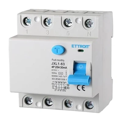 Imagen de Interruptor diferencial puro, 4P, 4 polos, 30 mA, 6 kA, 380 V, salvavidas diferencial, ocupa módulos DIN, RCCB 4P mA C25 25 A