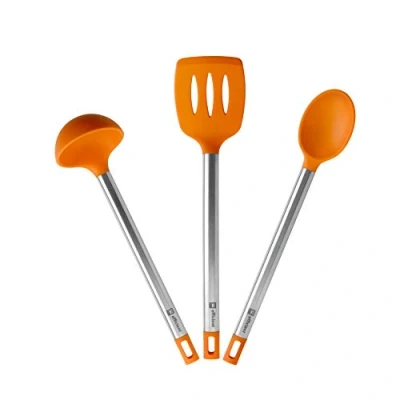 Imagen de BRA Efficient Set 3 Utensilios Cocina, 36.5 cm, espátula, Cuchara, cazo, Acero INOX, Nailon y Silicona, Inoxidable 18/10, Beige