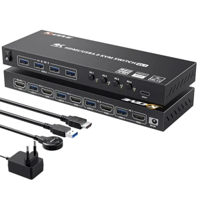 Imagen de HDMI KVM Switch 4 PC 1 Monitor 4K @ 60Hz, EDID emulador, USB 3.0 puertos compartir teclado ratón monitor, con cable remoto y + cables 3.0..