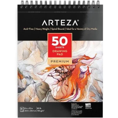 Imagen de Arteza Cuaderno de dibujo, tamaño 8x10&quot; (20,3cm x 25,4 cm), 50 hojas 130 gramos sin ácido, encuadernado en doble espiral, bloc para medios secos, ideal lápiz, carbón, cera o bolígrafo