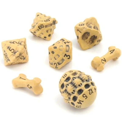 Imagen de Set de Dados DND Conjunto 7 rol Calavera y Huesos p/Juego D20, D12,%D10, D10, D8, D6 D4. D&amp;D Dice p/Dragones Mazmorras/Dungeons &amp; Dragons, Warhammer (Amarillo)
