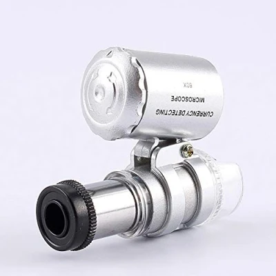 Imagen de Mini Microscopio de Metal Lupa Bolsillo 60X Vidrio con Luz LED UV para Joyas Diamantes Gemas Monedas Sellos