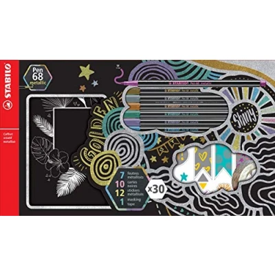 Imagen de Stabilo F52221 Estuche creativo metalizado con 7 rotuladores metálicos y 12 adhesivos 10 tarjetas negras 1 cinta de masking , color/modelo surtido