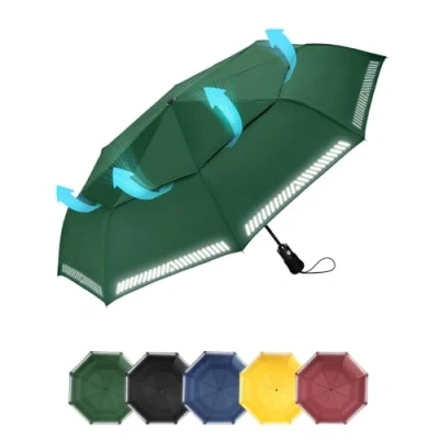 Imagen de Chakipee Paraguas Plegable Antiviento Automatico Reflectante Verde Resistente Al Viento con Doble Cubierta Compacto para Mujer y Hombre de Viaje 8 Varillas