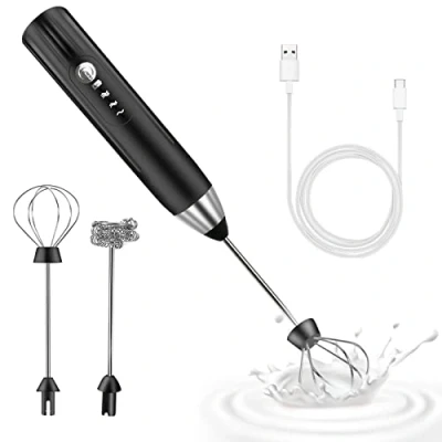 Imagen de EBUYFIRE Espumador de Leche Electrico, Mini Agitador Incluye 2 Cabezales, USB Recargable Batidora Espuma, 3 Velocidades Ajustable para Café Cappuccino, Huevo