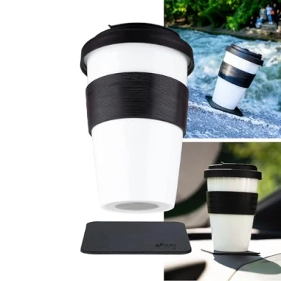 Imagen de silwy® porcelana TO GO CUP incl. banda de protección térmica y posavasos nano gel metálico NEGRO