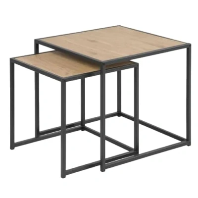 Imagen de Acomoda Textil Conjunto de 2 Mesitas Auxiliares Madera. Set Mesas Nido para Café Cuadradas Metal Decoración en Salón, Dormitorio y Oficina. (Set 34 30 cm)