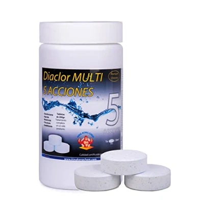Imagen de Cloro para Piscinas DIACLOR Multi 5 ACCIONES 1 KG Pastillas de Lento (200 gr 7,5 cm Diámetro) Tratamiento Completo Efectos SIN Cobre