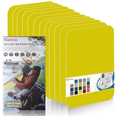 Imagen de Parche autoadhesivo de nailon, Cahomo 12 piezas 20X10 cm Parches reparación Nylon, impermeable autoadhesivo, para chaquetas, tiendas campaña, paraguas Amarillo